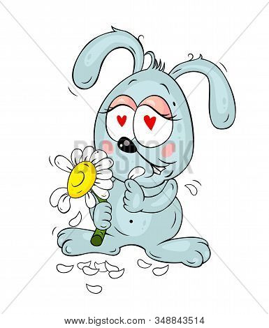 Cute Cartoon Bunny With Daisy Flower, Falled In Love. Beautiful Character For St. Valentines Day Des