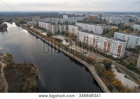 Aerial View Of Town In Autumn At Sunset. Energodar, Ukraine. The Satellite City Of Europe's Most Ato