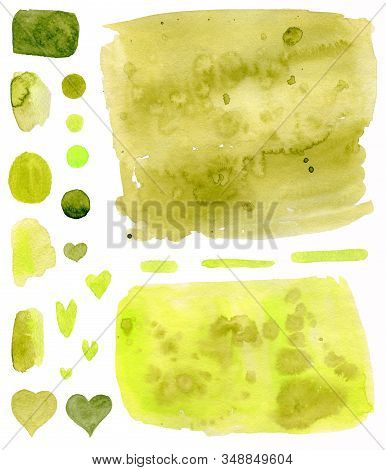 Set Of Green Watercolor Spots On A White Background Isolated. Ecology, Bio, Eco, Nature Protection