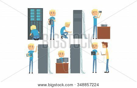 Network Engineer Administrator Working In Data Center Set, Computer Technician Involved In Maintenan