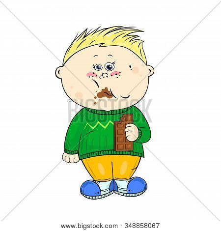 Cute Cartoon Baby Boy Eats Chocolate. Beautiful Illustration With Children For Your Design.