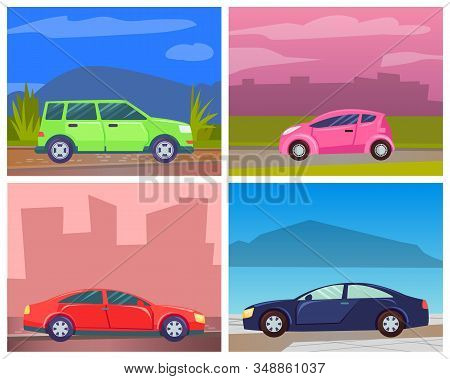 Cars On Roads Of Modern Cities Or Rural Areas Vector, Set Of Transportation. Oldschool Minivan Big V