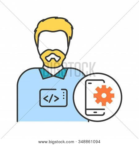 Mobile App Developer Color Line Icon. The Software Engineer Is Engaged In Testing And Programming Ap