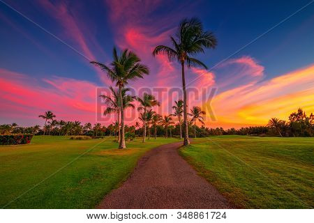 Tropical Golf Course At Sunset, Dominican Republic, Punta Cana