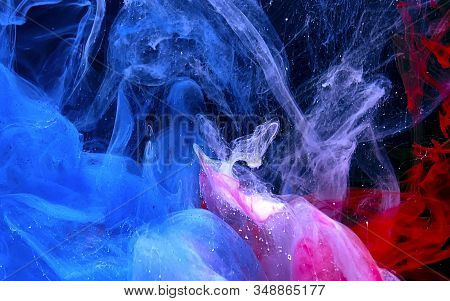 Beautiful Color Abstract Background. Space Background. Blue, White And Red Watercolor Ink