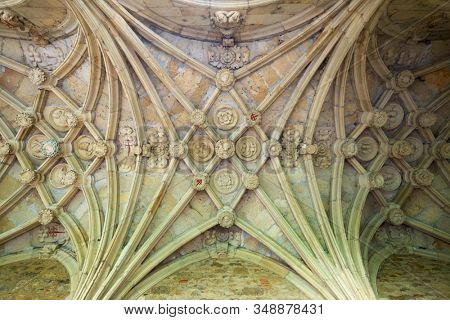Leon, Spain - June 27, 2017: Detail of the vault in the cloister of the monastery of San Isidoro.