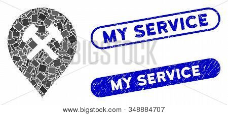 Mosaic Car Service And Corroded Stamp Watermarks With My Service Phrase. Mosaic Vector Car Service I