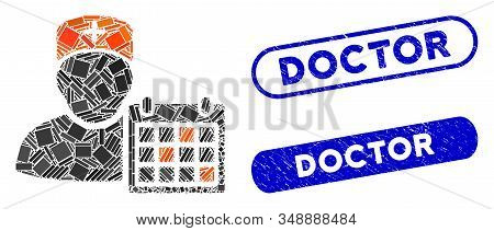Mosaic Doctor Calendar And Rubber Stamp Seals With Doctor Phrase. Mosaic Vector Doctor Calendar Is C