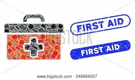 Mosaic First Aid Toolbox And Rubber Stamp Seals With First Aid Phrase. Mosaic Vector First Aid Toolb