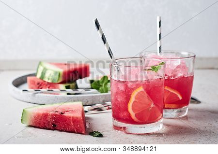 Summer Refreshing Watermelon Cocktail Agua Fresca With Mint And Lemon.