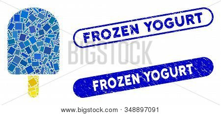 Mosaic Ice Cream And Grunge Stamp Seals With Frozen Yogurt Phrase. Mosaic Vector Ice Cream Is Design