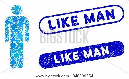 Mosaic Man And Distressed Stamp Seals With Like Man Caption. Mosaic Vector Man Is Formed With Scatte