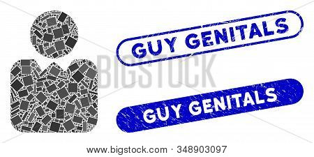 Mosaic Person And Corroded Stamp Watermarks With Guy Genitals Caption. Mosaic Vector Person Is Forme