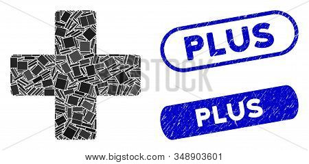 Mosaic Plus And Grunge Stamp Seals With Plus Caption. Mosaic Vector Plus Is Composed With Random Rec