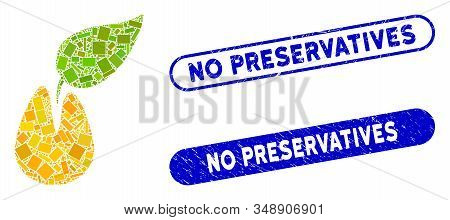 Mosaic Seed And Corroded Stamp Watermarks With No Preservatives Text. Mosaic Vector Seed Is Formed W