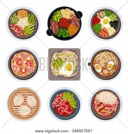 Korean Food Layouts Top View Vector Illustrations Set