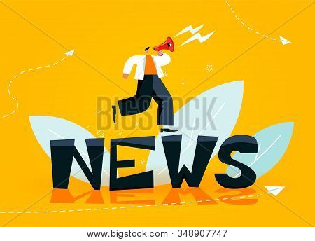 A Character With His Voice Holds A Megaphone. Man Broadcasts News. Big Black Letters On A Yellow Bac