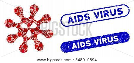 Mosaic Virus And Distressed Stamp Seals With Aids Virus Phrase. Mosaic Vector Virus Is Created With 