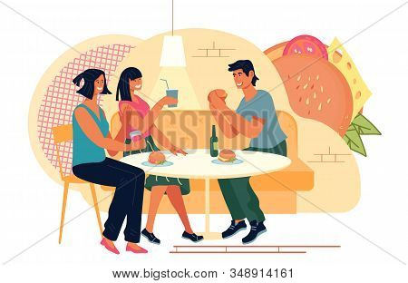 Friends Eating In Fast Food Restaurant Or Burger Cafe. American Cuisine Cafeteria.