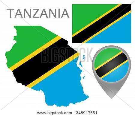 Colorful Flag, Map Pointer And Map Of Tanzania In The Colors Of The Tanzanian Flag. High Detail. Vec