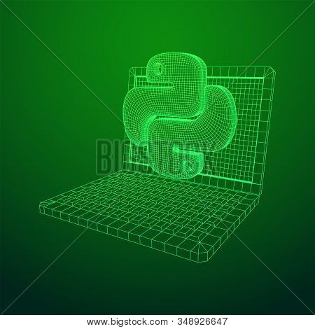 Python Code Language Sign With Notebook Laptop Device. Programming Coding And Developing Concept. Wi