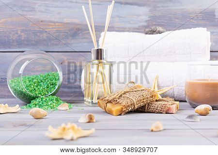 Bathroom Accessories. Spa And Beauty Theatment Products. Concept Of Natural Spa Cosmetics And Organi