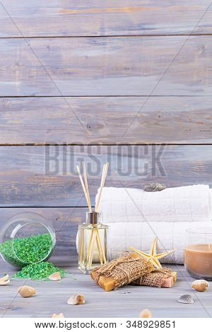 Bathroom Accessories. Spa And Beauty Theatment Products. Concept Of Natural Spa Cosmetics And Organi