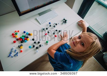 Little Girl Making Model Of A Molecule With Computer Program, Learning Chemistry, Online Learning An