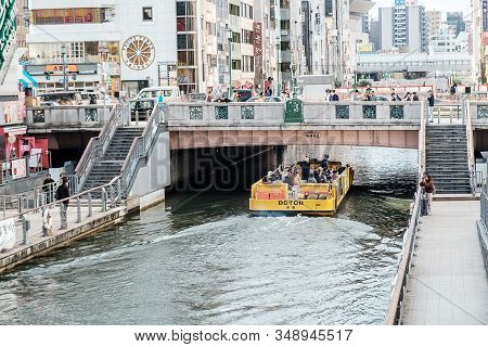 Tombori Cruise Goes Around Dotombori River At Shinsaibashi Shopping Street Near Namba, Osaka. Landma