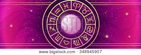 Zodiac Symbols Wheel Banner. Astrological Vector Background
