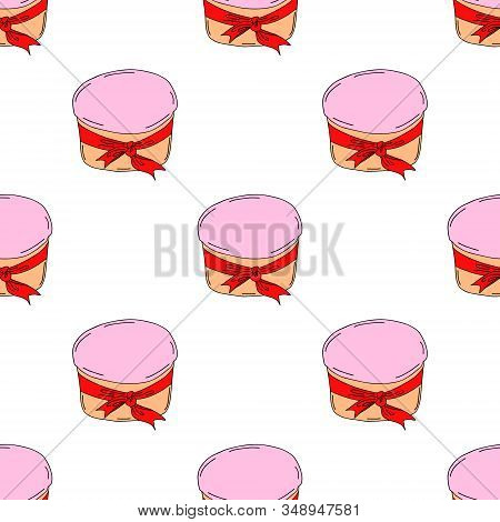 Spring Easter Cake With Red Ribbon Seamless Pattern.drawing With Your Hand Using A Line.on White Bac