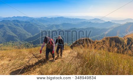 Beautiful Mountain With Trekkers In Sunset At Thong Pha Phum National Park Kanchanaburi Of Thailand 