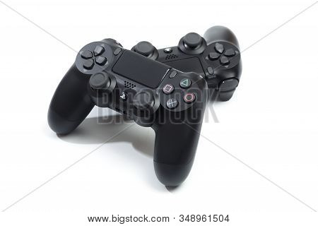 Russia, Oktober 24 2019: The New Sony Dualshock 4 With Playstation 4. Sony Playstation 4 Game Consol