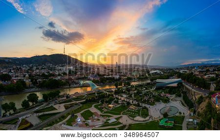 The Evening Panorama Of The Old Town In The Old District Of Avlabari, Holy Trinity Cathedral And Rik