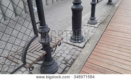 Various Benches And Small Architectural Forms In Park