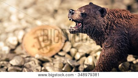Bearish Bitcoin Price Drop Concept. Bear Market And Loosing Value On Digital Gold
