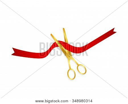 Vector Silver Scissors Cutting Red Ribbon. Vector Stock Illustration.
