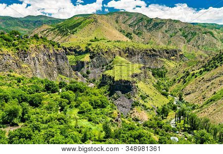 Aerial View Of The Garni Gorge With Unique Basalt Column Formations. Armenia