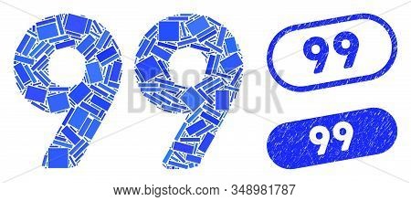 Mosaic 99 Digits Text And Rubber Stamp Seals With 99 Text. Mosaic Vector 99 Digits Text Is Formed Wi