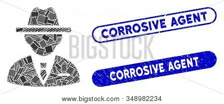 Collage Agent And Grunge Stamp Seals With Corrosive Agent Caption. Mosaic Vector Agent Is Composed W