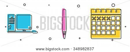 Set Computer Monitor With Keyboard And Mouse, Pen And Calendar Icon. Vector