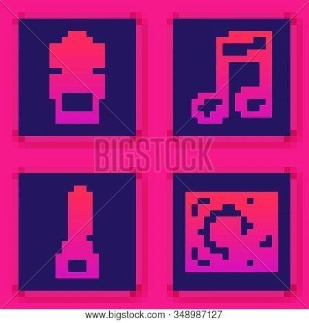 Set Line Flowers In Pot, Feather And Inkwell, Music Note, Tone And Vinyl Player With A Vinyl Disk. B