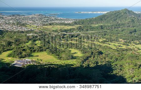 Aerial View Of The Landscape To The Ocean From The Nuuanu Pali Lookout In Oahu