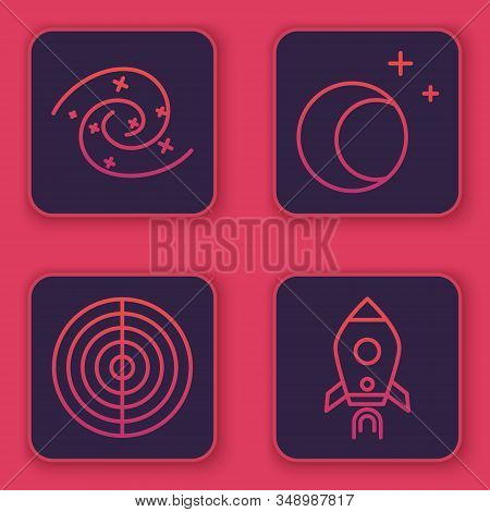 Set Line Black Hole, Earth Structure, Moon And Stars And Rocket Ship With Fire. Blue Square Button. 