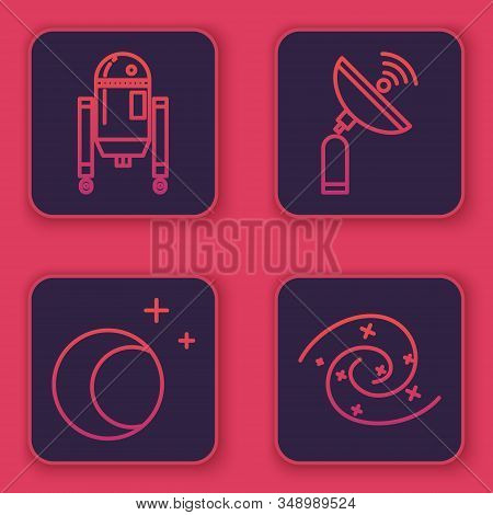 Set Line Robot, Moon And Stars, Radar And Black Hole. Blue Square Button. Vector