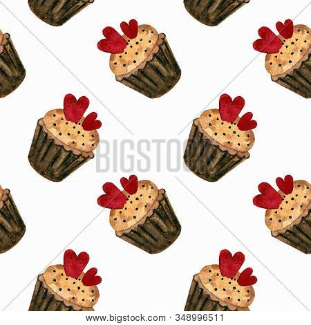 Seamless Pattern With Capcakes, Hearts On White Background Watercolor Illustration