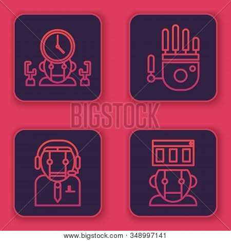 Set Line Robot And Digital Time Manager, Worker Robot, Mechanical Robot Hand And Robot. Blue Square 