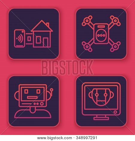 Set Line Smart Home, Robot, Drone Flying With Action Camera And Bot. Blue Square Button. Vector