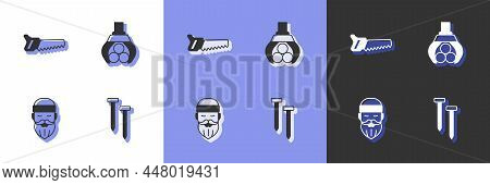 Set Metallic Nails, Hand Saw, Lumberjack And Grapple Crane Grabbed Log Icon. Vector