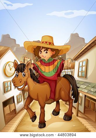 Ilustração de um jovem com seu cavalo, passear na vila